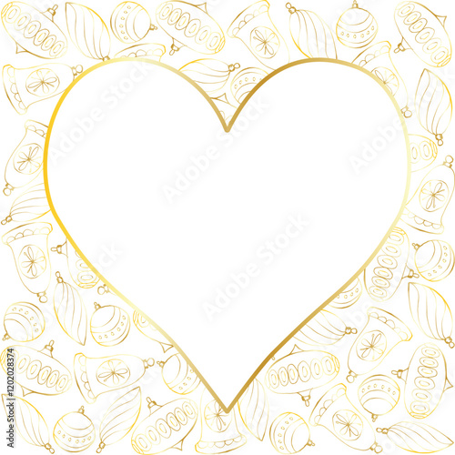 New Year and Christmas heart shape for text in square. Golden contours of Christmas decoration on a white background. Template with space for text for a card, invitation, flyer, tag, design element.