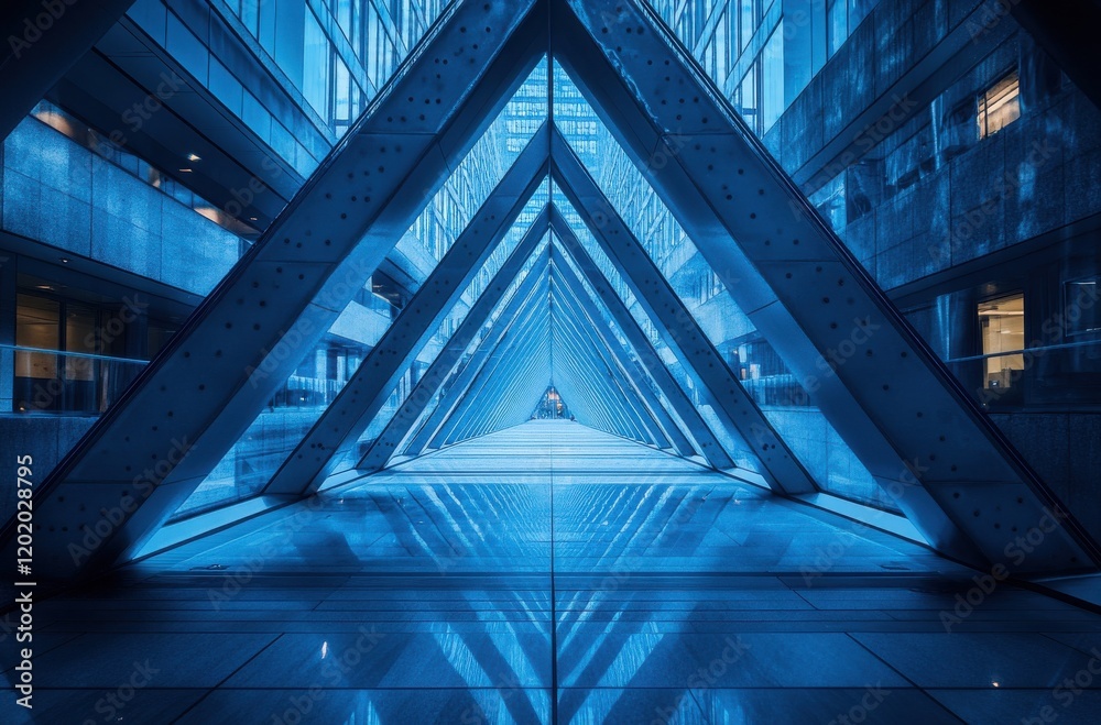 Modern Architecture in a Futuristic Urban Environment Featuring Blue Tones and Geometric Designs, Creating a Striking Perspective in a Contemporary Indoor Space Modern Architecture in a Futuristic Urban Environment Featuring Blue Tones and Geometric Designs, Creating a Striking Perspective in a Contemporary Indoor Space
