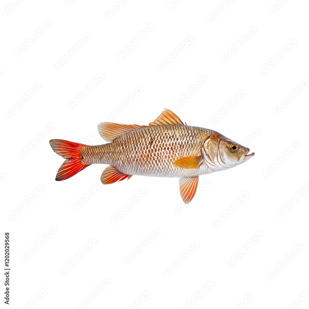 Obraz premium Redfin Perch Close-up: A detailed photograph showcases a fresh Redfin Perch, revealing its vibrant scales, intricate fins, and distinctive reddish-orange fins. 