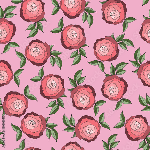 Seamless floral wallpaper pattern with pink roses and green leaves on pink background. Floral illustration for wallpaper, textile, fabric, wrapping, card, invitation, design element