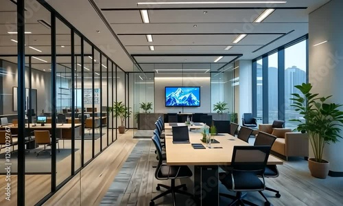 Modern office interior with glass walls and indoor