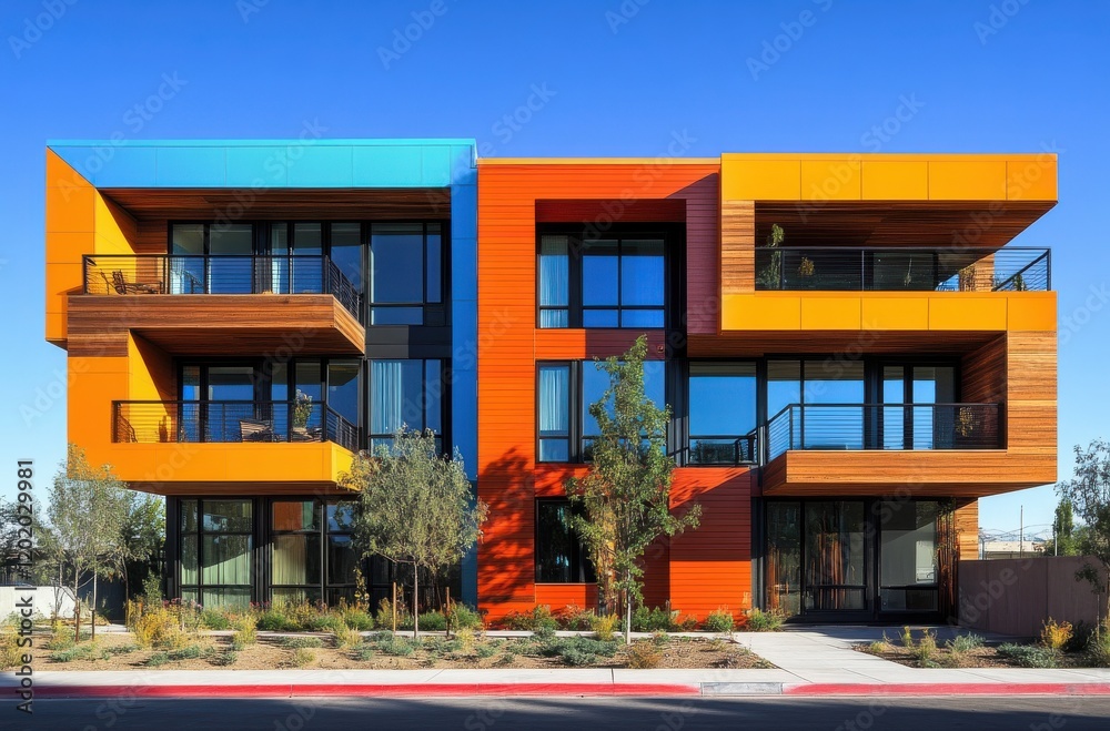 Obraz premium Modern Colorful Apartment Building with Unique Architectural Design Surrounded by Landscaping and Clear Blue Sky in a Vibrant Urban Environment