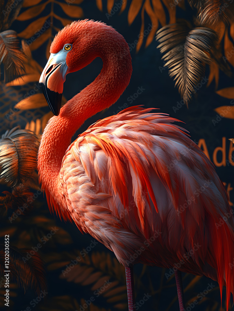 Obraz premium Vibrant Pink Flamingo with Lush Tropical Leaves in a Dramatic and Artistic Scene