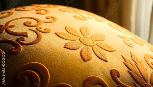 a close up of a decorative yellow pillow