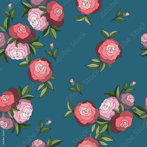 Seamless floral wallpaper pattern with pink and violet roses and leaves on blue background. Floral illustration for wallpaper, textile, fabric, wrapping, card, invitation, design element