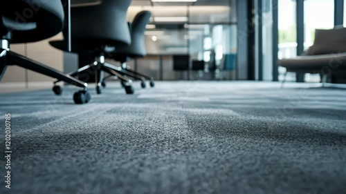 A professional carpet cleaning service in action, using modern equipment to artistically clean a martial arts-style office space with gray and black colors. 