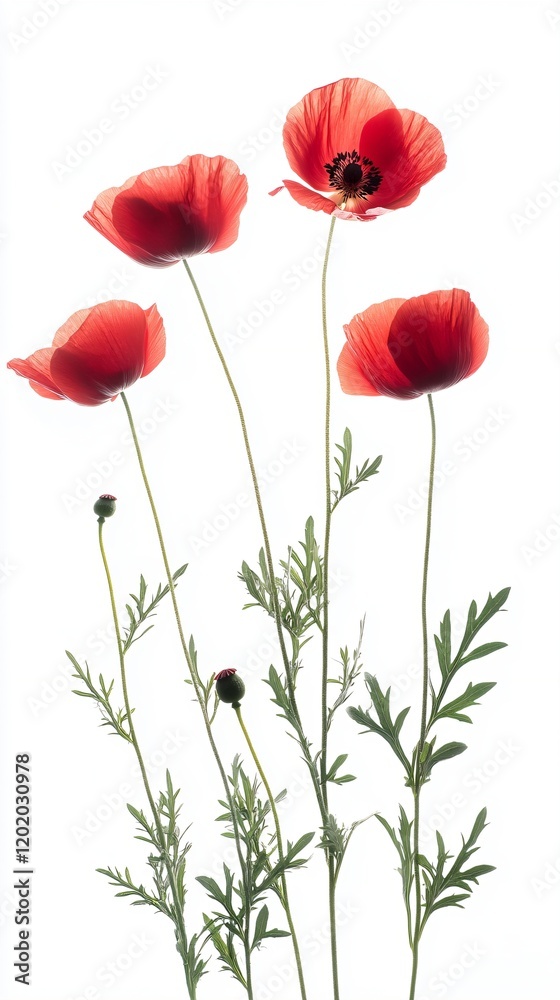 Fototapeta premium Red poppies with green stems on white background