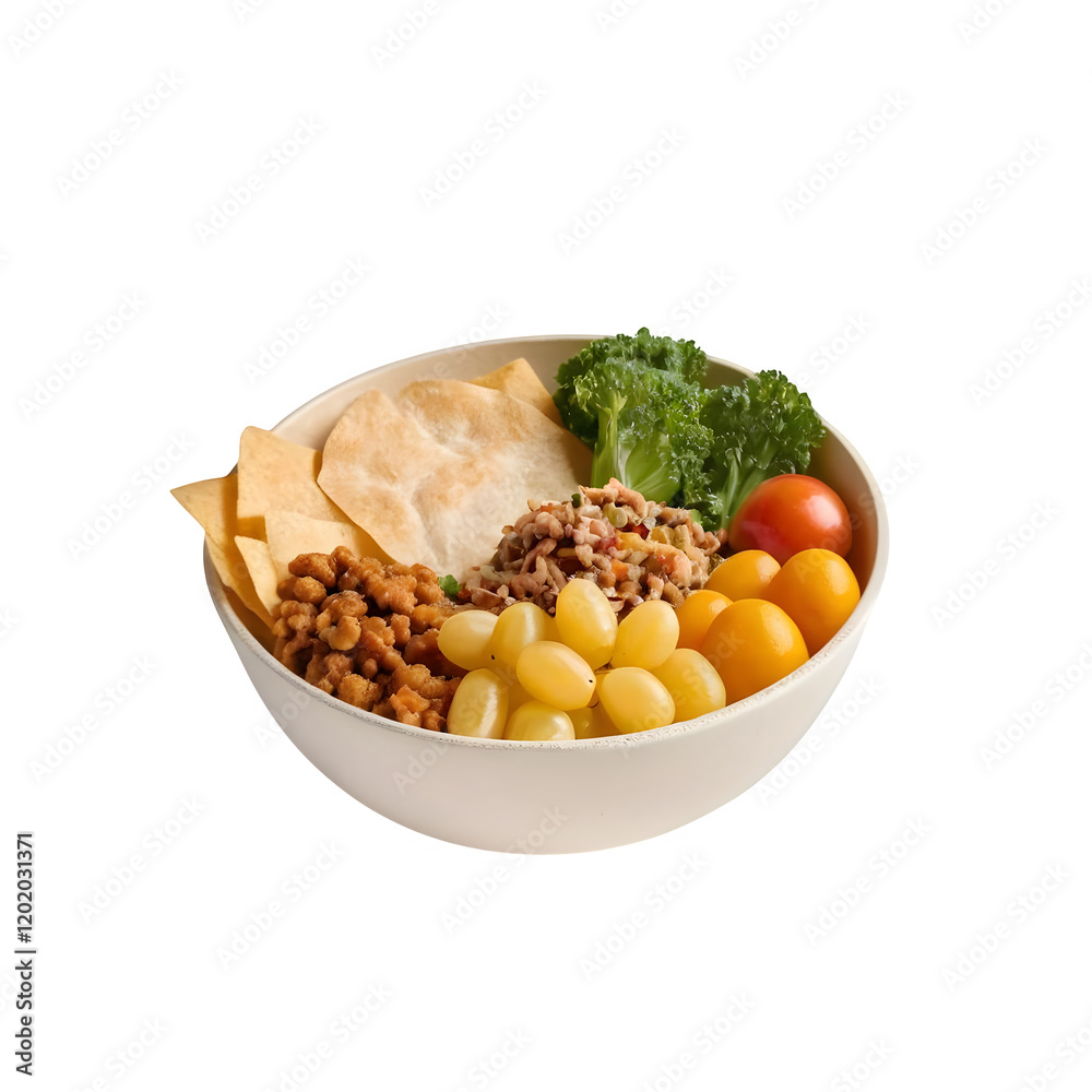 PNG image showing a lunch concept with a paper bowl filled with food, set against a white background. PNG image showing a lunch concept with a paper bowl filled with food, set against a white background.
