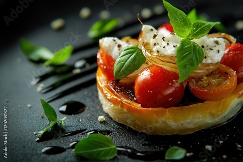 Vibrant vegetarian tartlet with a flaky crust, filled with caramelized onions, roasted cherry tomatoes, and goat cheese, topped with fresh basil leaves 