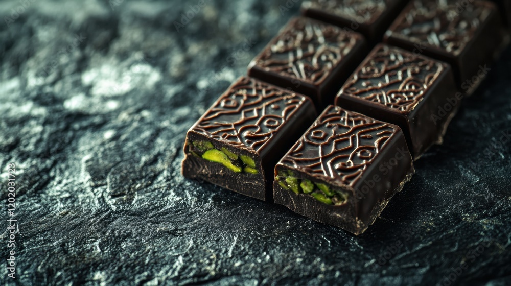 Obraz premium Luxurious chocolate with pistachio filling served on a golden plate adorned with traditional Arabic patterns at a festive celebration. Generative AI