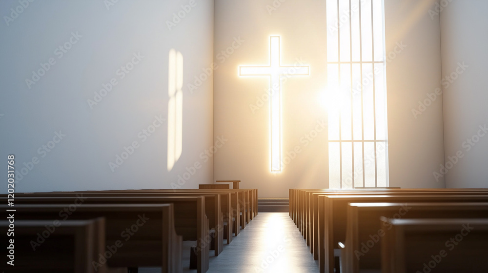 Naklejka premium A serene interior of a church with sunlight shining through a cross above the altar.