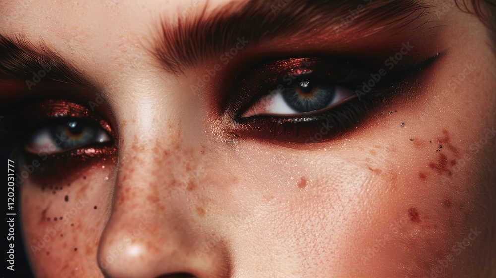 Fototapeta premium Close-up of a person's face featuring dramatic makeup and striking eyes.