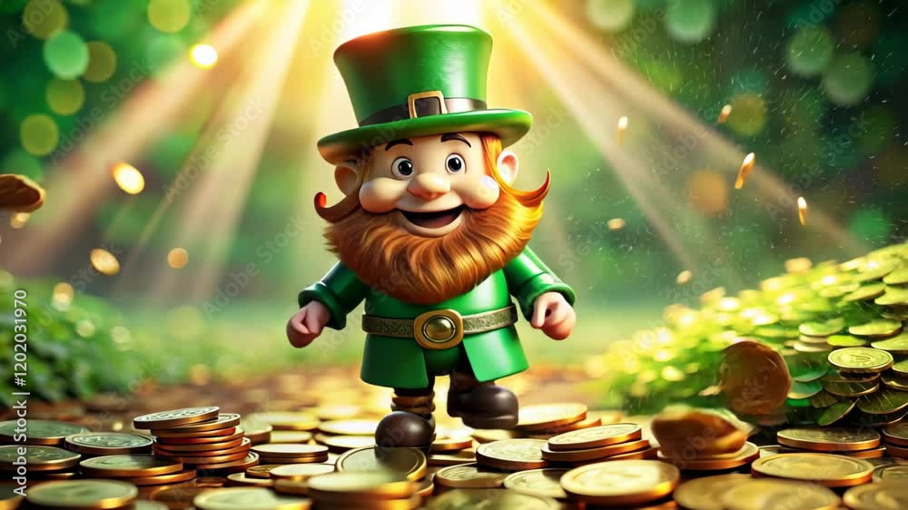 Cute Cartoon Leprechaun character in green hat and green costume dancing on lush green and gold bokeh background. Concept of celebration St. Patrick's Day	
