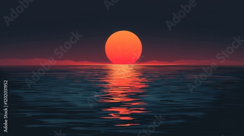 A minimalist sunset over a dark ocean with a vibrant orange sun and subtle reflection. Ideal for phone wallpapers or calming backgrounds.