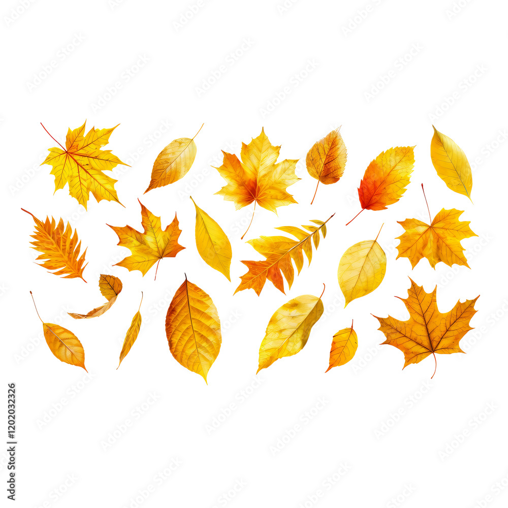 Fototapeta premium Autumn Leaves Collection: A vibrant collection of autumn leaves in various shades of yellow, orange, and brown, perfect for autumnal designs and seasonal projects.