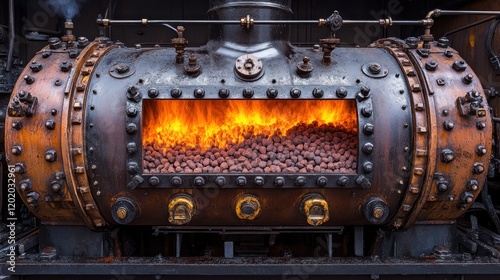 Glowing firebox of vintage steam locomotive, industrial heritage