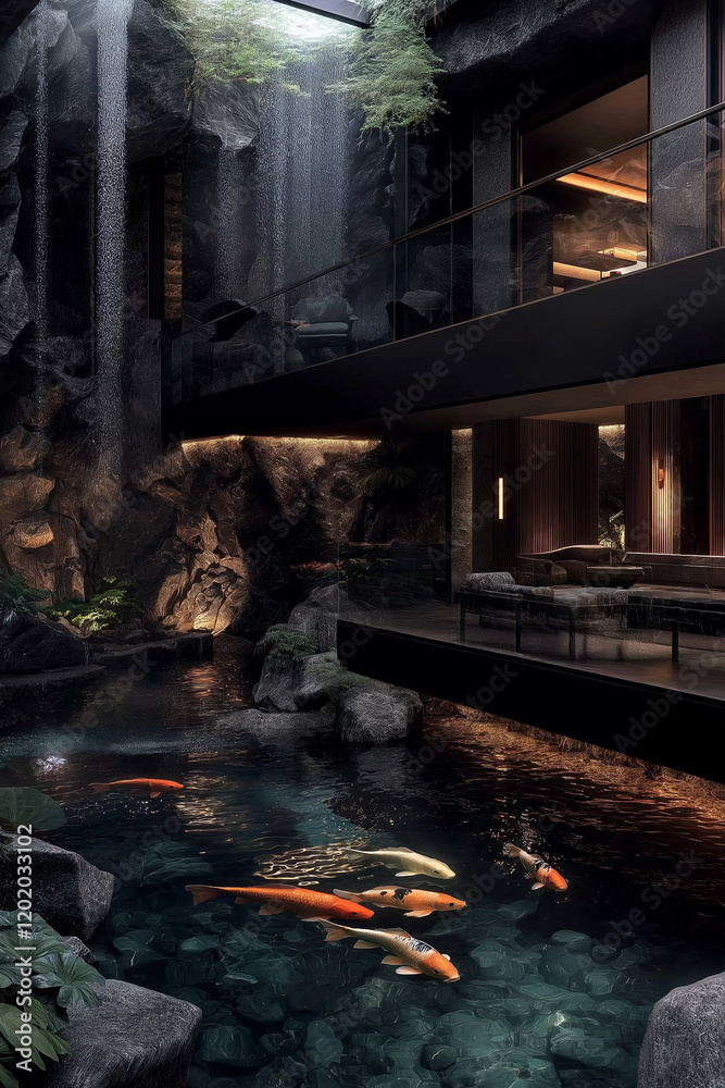 Modernes Schlafzimmer mit gläsernen Wänden und natürlichem Felsen

