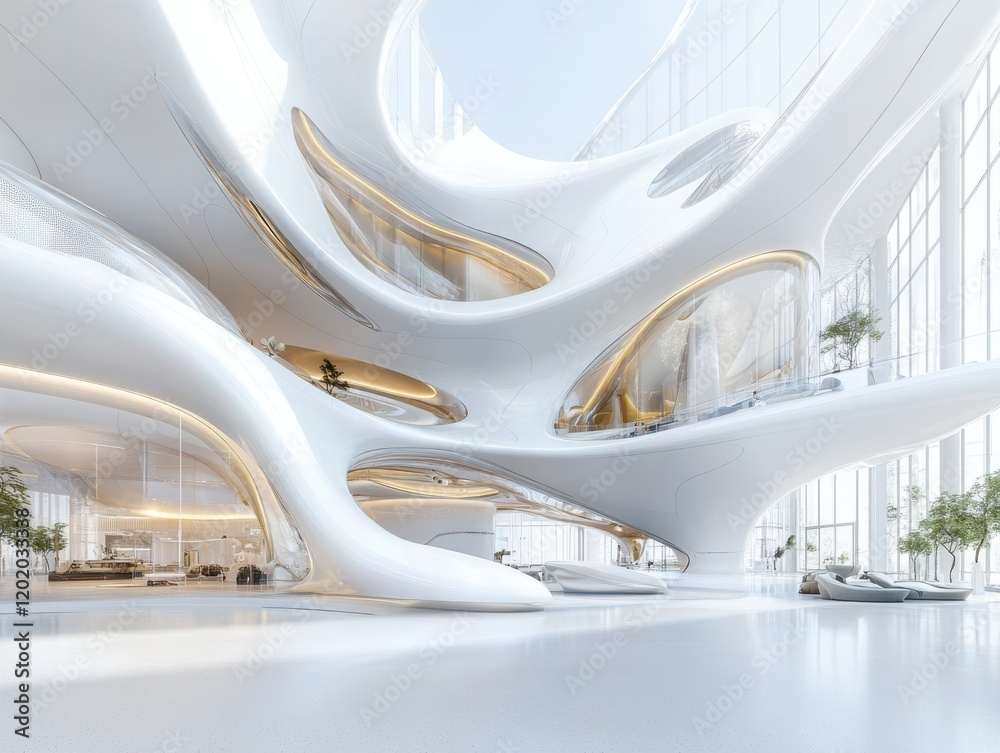 Naklejka premium Modern Futuristic Architecture in an Open Space With Bright Natural Light and Curved Lines, Showcasing Creativity and Innovation in Design Elements