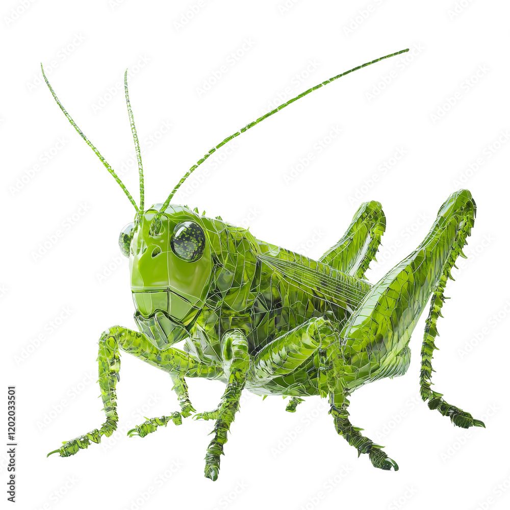 Fototapeta premium A digital rendering depicts a vibrant green glass grasshopper with intricate details showcasing artistic polygonal facets.