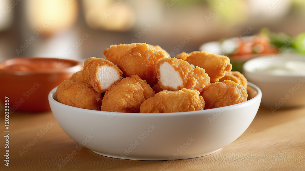 A close-up shot of crispy, golden breaded chicken nuggets in a bowl with sauces. A close-up shot of crispy, golden breaded chicken nuggets in a bowl with sauces.