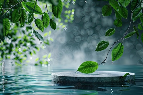 Empty Round Podium Pedestal Green Leaves Against the Background of Water with Drops and Ripples