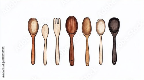 A collection of wooden kitchen utensils, including various types of spoons and a fork, displayed in a row showcasing their unique shapes and colors. photo