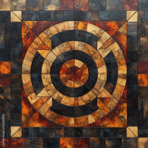 Intricate mosaic tile pattern with a circular focal point. Earthy tones of black, brown, orange, and red create a warm and inviting ambiance. Ideal for flooring or wall art.