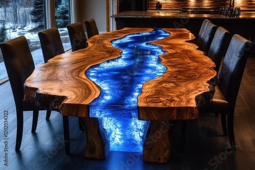 bespoke dining table with swirling blue epoxy rivers flowing through exotic hardwood, illuminated from within, creating luminous oceanic patterns photo