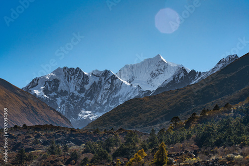 Himalayan Mountain Langtang Village to Kyanjin Ri trekking with Gangchenpo background in Nepal photo