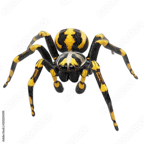 A detailed close-up image showcases a vibrant yellow and black spider against a white background. photo