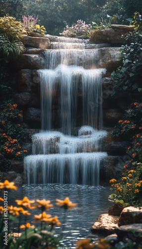 Serene garden waterfall, flowing water, lush plants, peaceful background, nature photography
