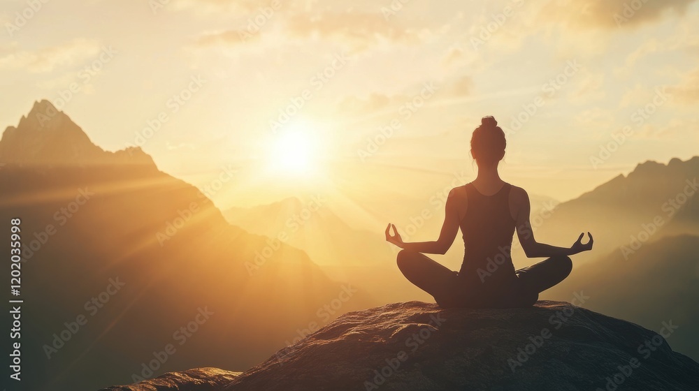woman practicing yoga on a sunlit mountaintop, with the sun rays softly highlighting her silhouette, giving a serene, calm feel woman practicing yoga on a sunlit mountaintop, with the sun rays softly highlighting her silhouette, giving a serene, calm feel