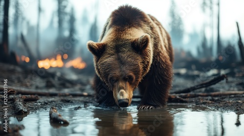 This image showcases a grizzly bear drinking from a reflective pool in a burnt forest, highlighting the stark contrast between nature’s tranquility and the aftermath of destruction. photo