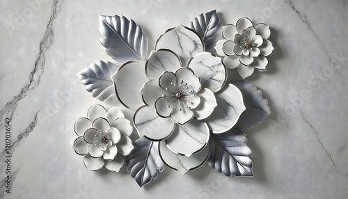 3D wall art piece with large white marble flowers, enhanced by metallic silver accents along the edges of the petals