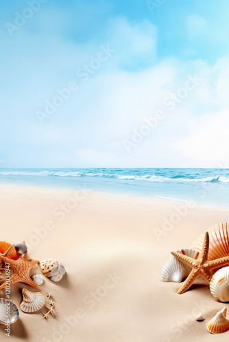 Beach Scene with Starfish and Seashells on Sandy Shoreline Under Blue Sky