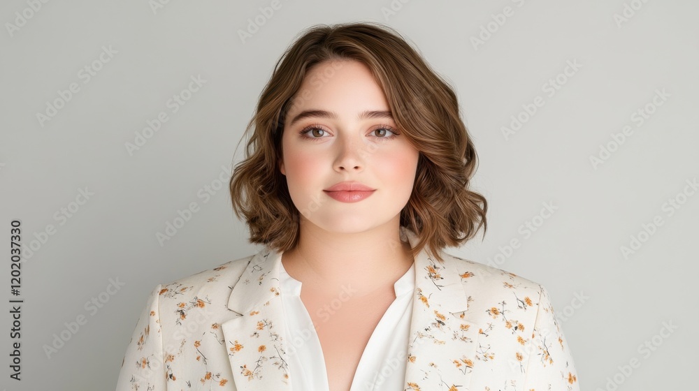 A young woman with shoulder-length curly hair poses confidently in a floral blazer against a neutral background, exuding professionalism and charm. A young woman with shoulder-length curly hair poses confidently in a floral blazer against a neutral background, exuding professionalism and charm.