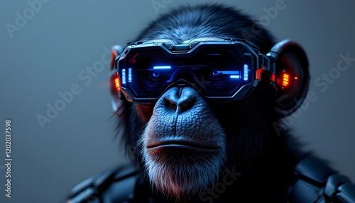 Cyberpunk Chimpanzee: Futuristic Goggles, Dark Lighting, Digital Art photo