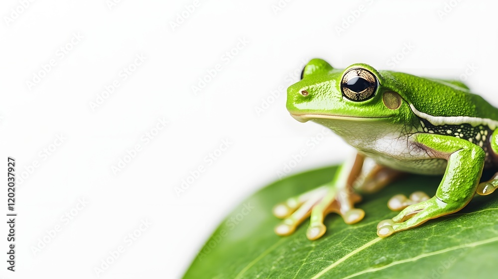 Obraz premium Bright Green Tree Frog Perched on Vibrant Leaf Against White Background