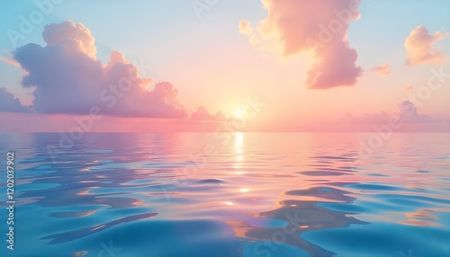 A stunning abstract 3D digital art illustration of a calm ocean with a serene sunrise sky reflecting on the water's surface, blending soft hues of orange, pink, and blue for a tranquil natural scene