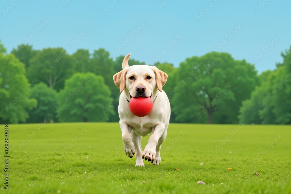 A playful dog joyfully runs while holding a red ball in its mouth, showcasing the excitement of a ball retrieval game in a lush green park. A playful dog joyfully runs while holding a red ball in its mouth, showcasing the excitement of a ball retrieval game in a lush green park.