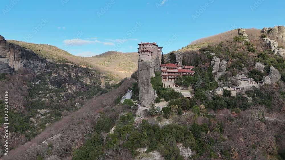 Aerial view of the Holy Monastery of Rousanos in Meteora region, Trikala, Thessaly, Greece. Aerial view of the Holy Monastery of Rousanos in Meteora region, Trikala, Thessaly, Greece.