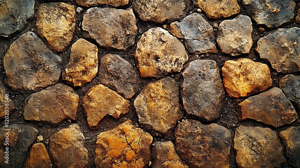 Fototapeta premium Stone paved pathway, close-up, earthy tones, blurred background