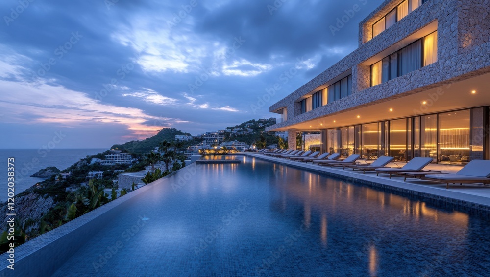 Modern Luxury Villa Overlooking Scenic Ocean View at Dusk with Illuminated Pool Area and Dramatic Sky Modern Luxury Villa Overlooking Scenic Ocean View at Dusk with Illuminated Pool Area and Dramatic Sky
