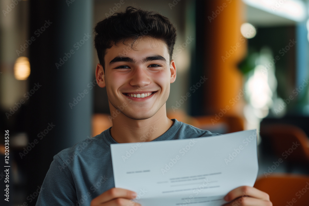 Fototapeta premium Young man smiles while holding letter in a cozy cafe, expressing excitement about good news received