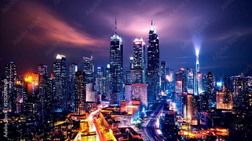 A drone shoot city at night view with skyline and neon color sunset background 4k