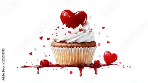 Delicious Cupcake with Heart Topping and Red Heart Decoration for Valentine’s Day Celebration