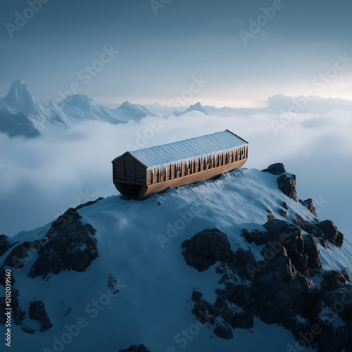 Modernes, schneebedecktes Gebäude in Schiffform auf Gipfel zwischen Wolken und Bergen. Arche Noah

 photo