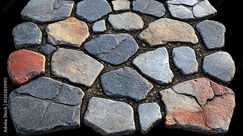Fototapeta premium Stone path top view, irregular rocks, dirt background, paving use