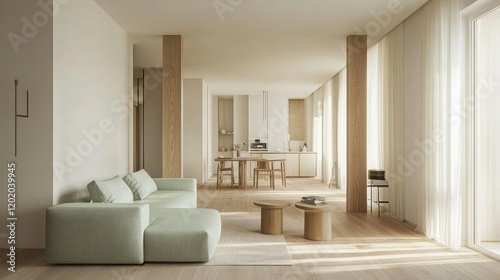 Minimalist living room with a mint green sofa, white walls, wooden flooring, and modern decor in soft neutral tones.