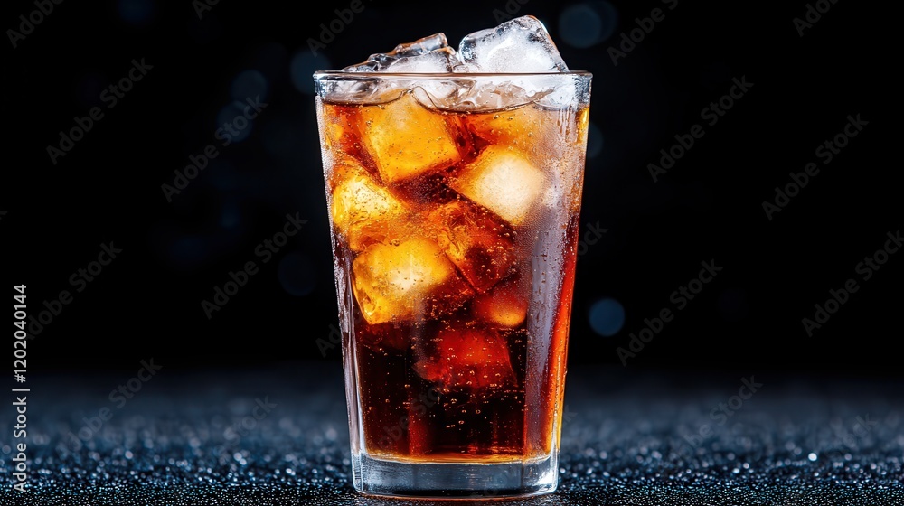 This image captures a refreshing soda drink with ice, beautifully illuminated against a soft dark background, showcasing its appealing and invigorating character. This image captures a refreshing soda drink with ice, beautifully illuminated against a soft dark background, showcasing its appealing and invigorating character.